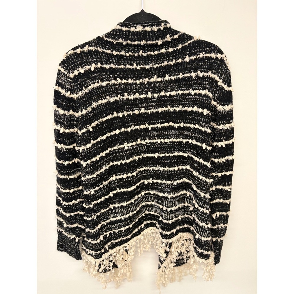 Anthropology La Fee Verte Boho Open Front Cardigan L Black White Fringe Textured